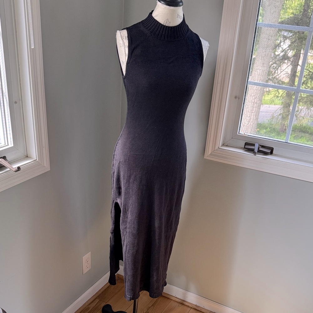 Genes‎ black cotton knit high neck sustainably made slit midi dress EUC size M